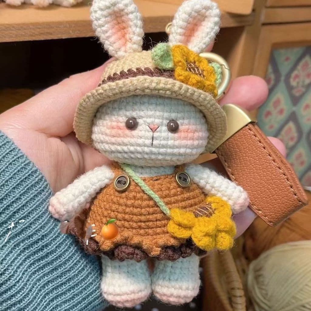 Lã crochê palha girassol coelho boneca artesanal saco caseiro pingente chave lã crochê palha girassol coelho boneca palh