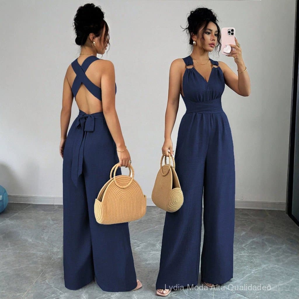 [Oferta especial por tempo limitado] Novo macacão feminino elegante e muito procurado, com decote halter em V, costas ab