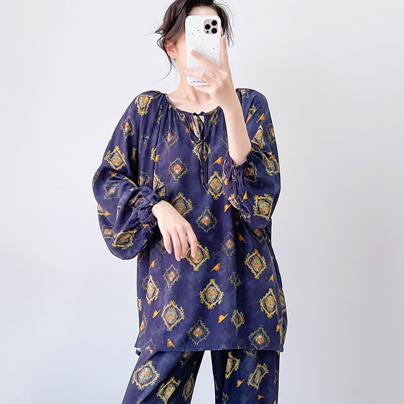 Pijamas de seda de algodão de manga comprida calças de manga comprida terno Loungewear senhoras estilo fino respirável s