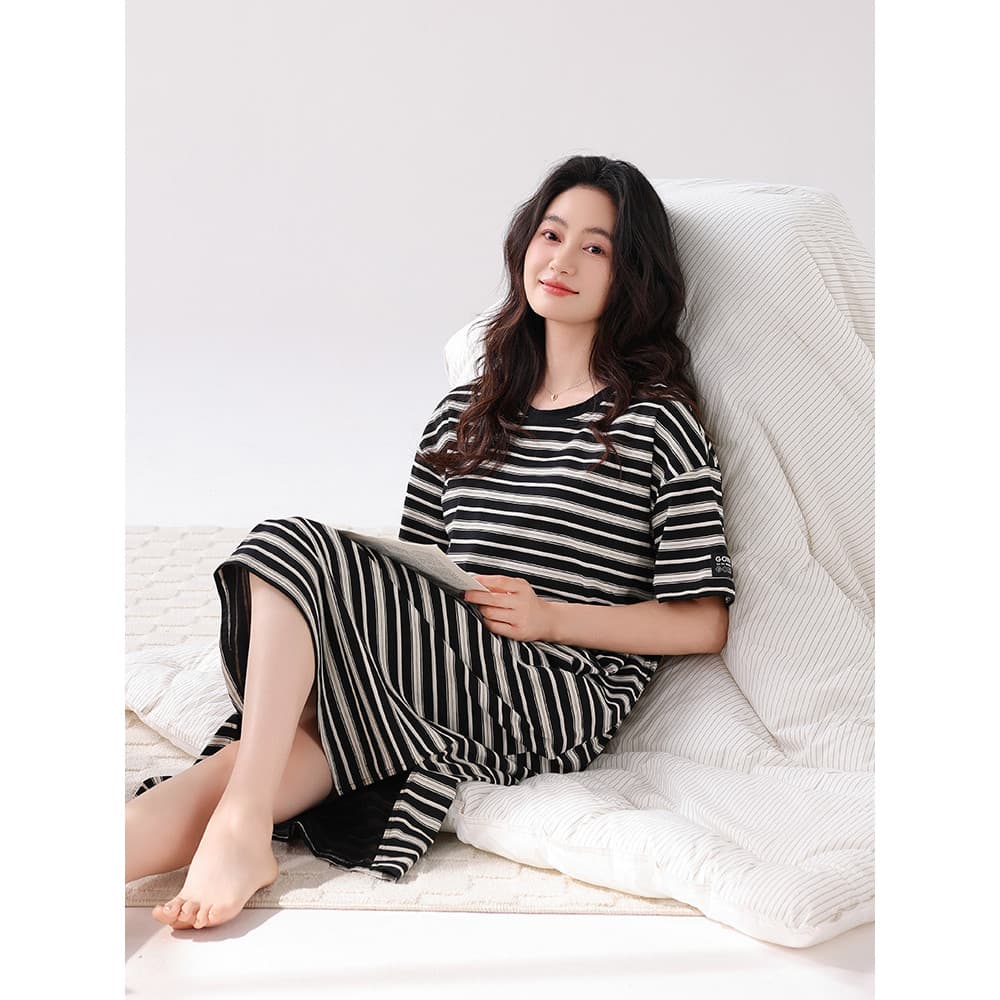 Pijamas com almofadas no peito feminino verão puro algodão manga curta 2025 novo estilo camisola listrado Casual senhora