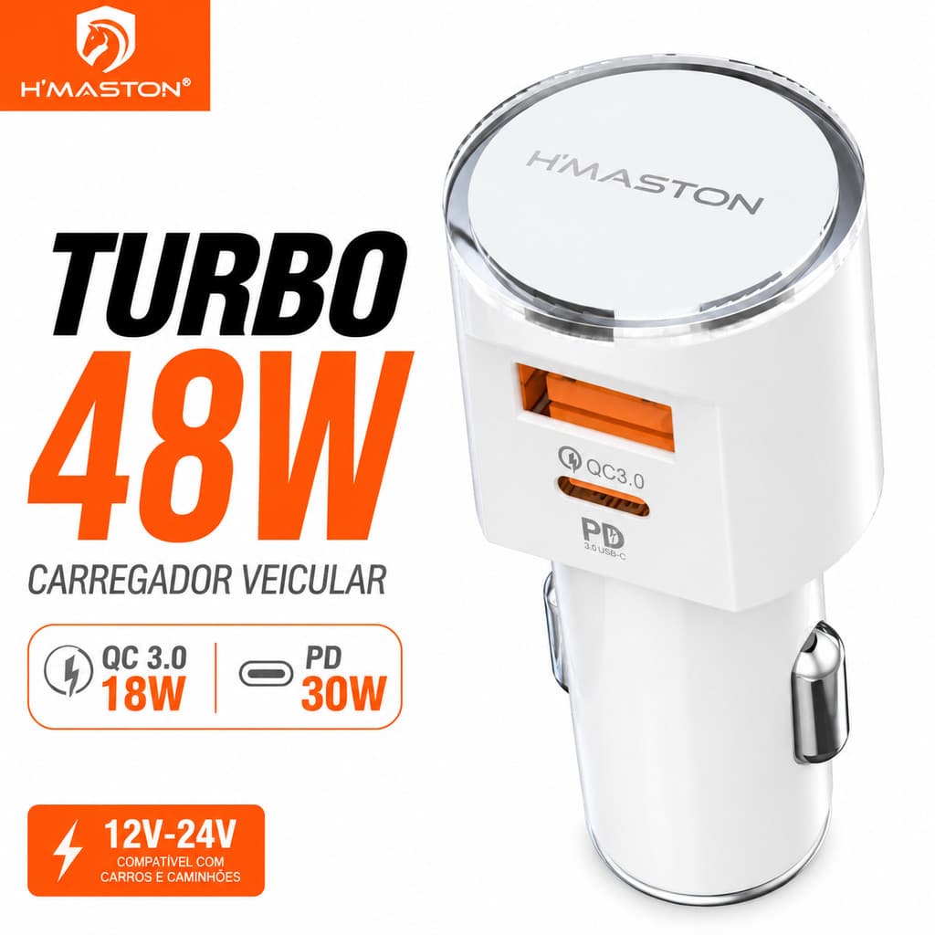 Carregador H'maston S18 Celular Smartphone Carro Veicular Automotivo Saída USB C Tipo C Turbo 48W