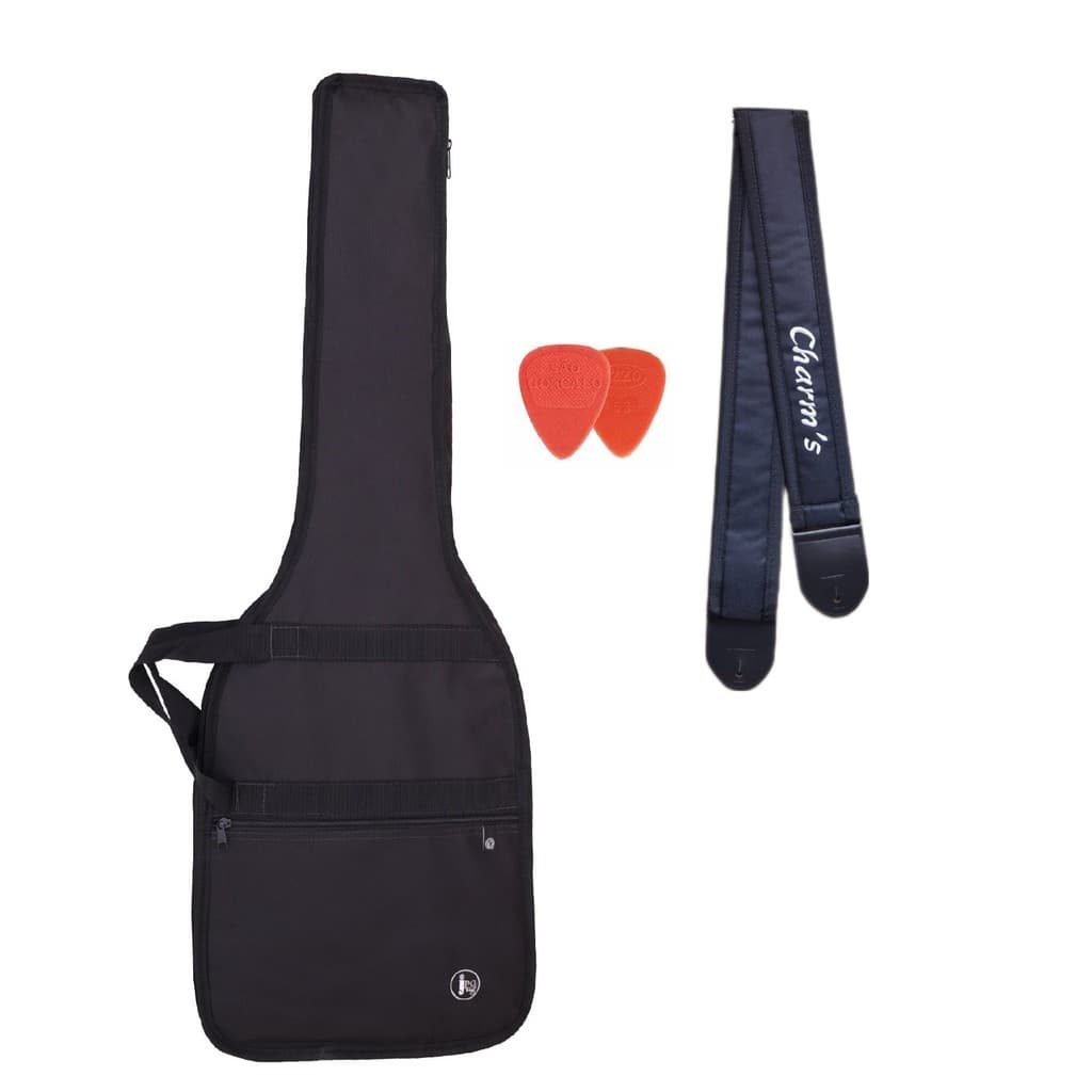 BAG CAPA GUITARRA STRATO SIMPLES NYLON BOLSO ALÇA DE MÃO E LATERAL + CORREIA ALMOFADADA ALÇA ESTOFADA  + 2 PALHETAS