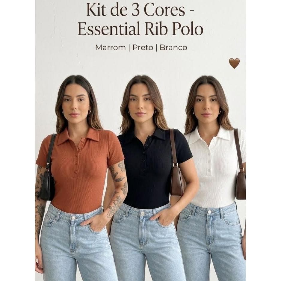 Kit 3 Body Feminino Gola Polo Canelado com Botões – Justo, Confortável e Versátil