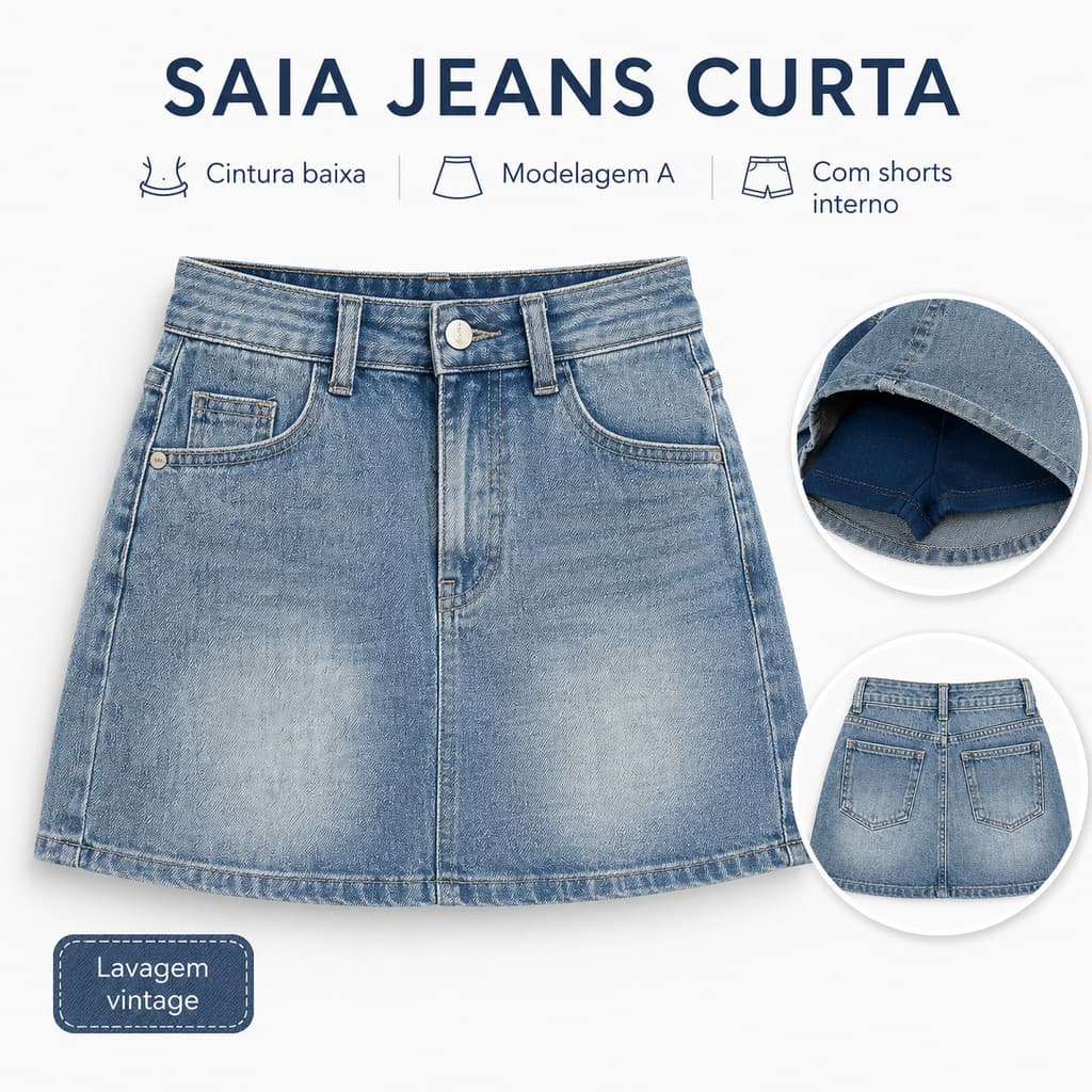 Saia Jeans Curta Feminina Plus Size do P ao G4 Cintura Alta Lavagem Vintage Casual