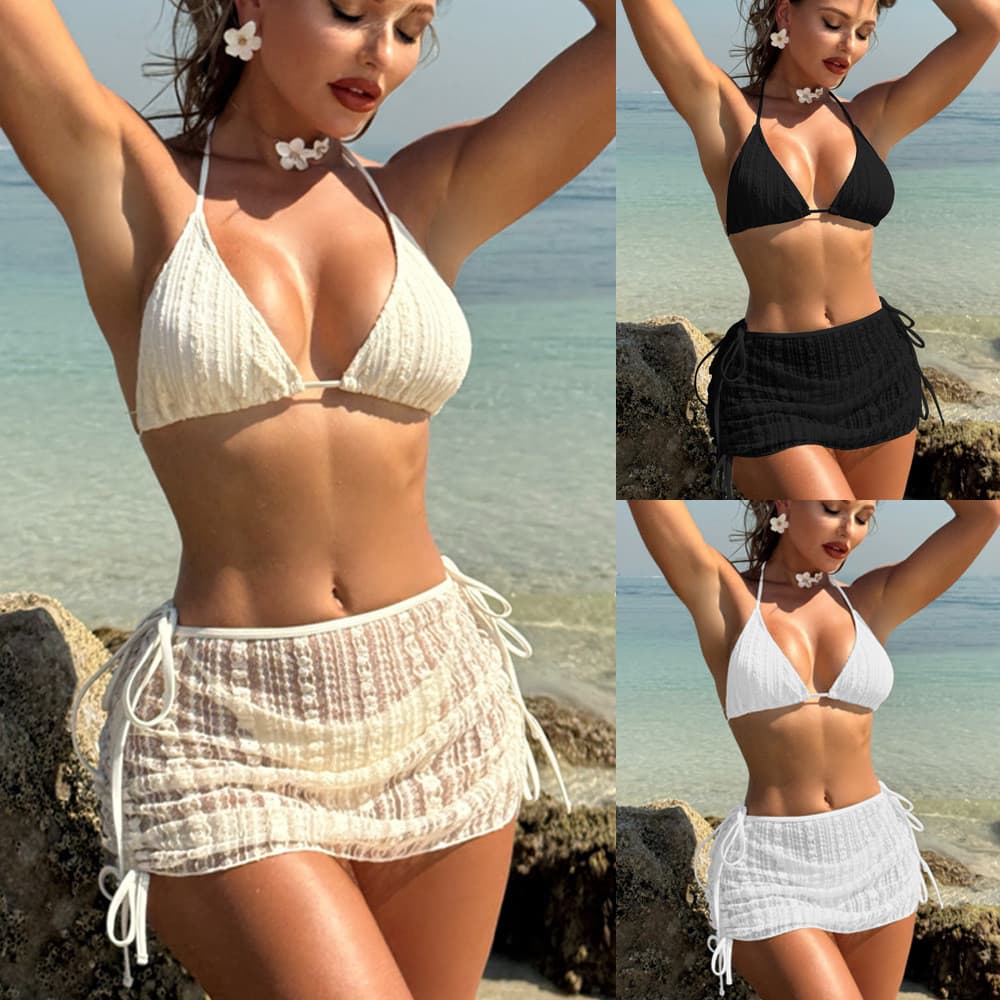 Biquíni feminino de duas peças em cor sólida, elegante e sensual, conjunto de biquíni de três peças.