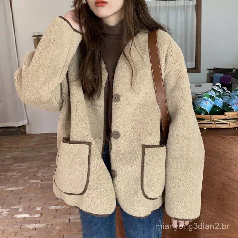 Elegante cor combinando jaqueta de lã de cordeiro feminina versão coreana solta linha aberta estilo inverno em torno do