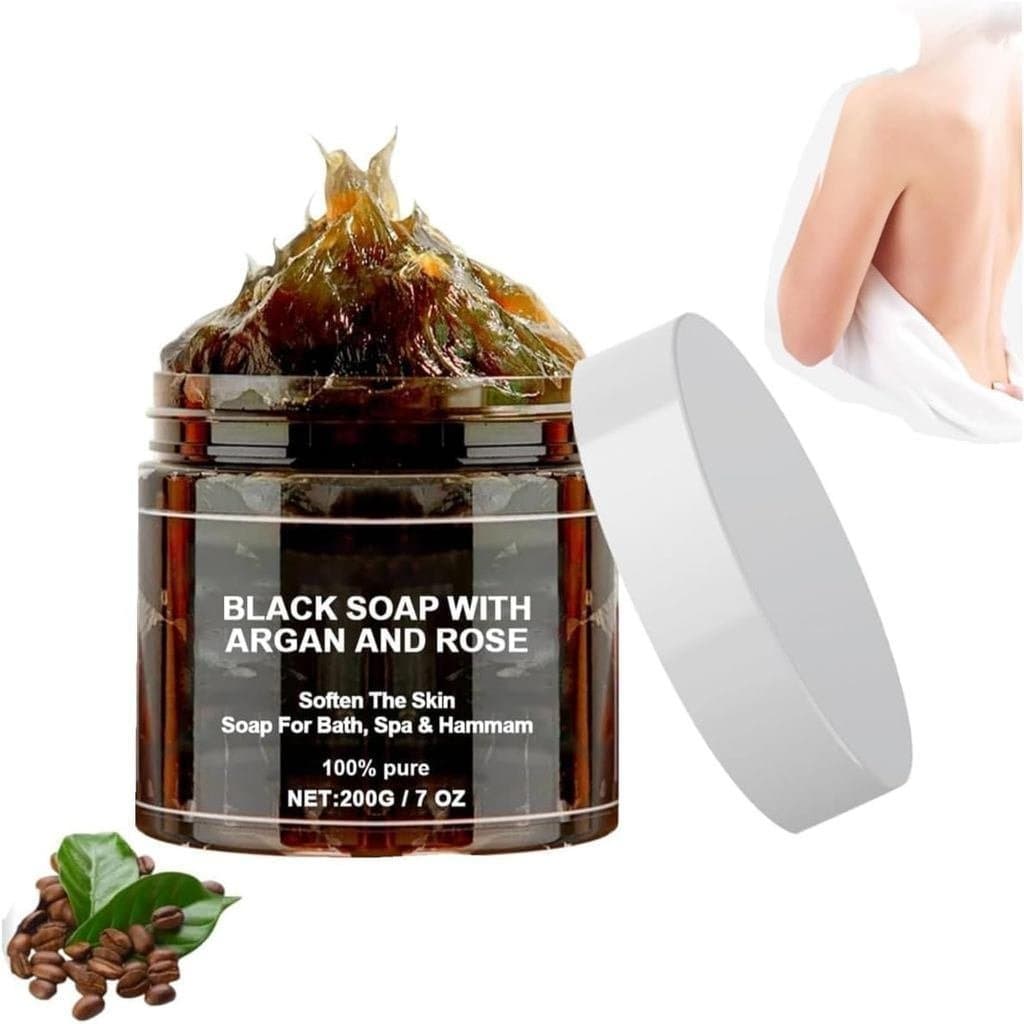 Sabonete Baddi Preto Marroquino, com Óleo de Argan e Óleo Essencial de Rosa - Sabonete Esfoliante Corporal Africano, Ing
