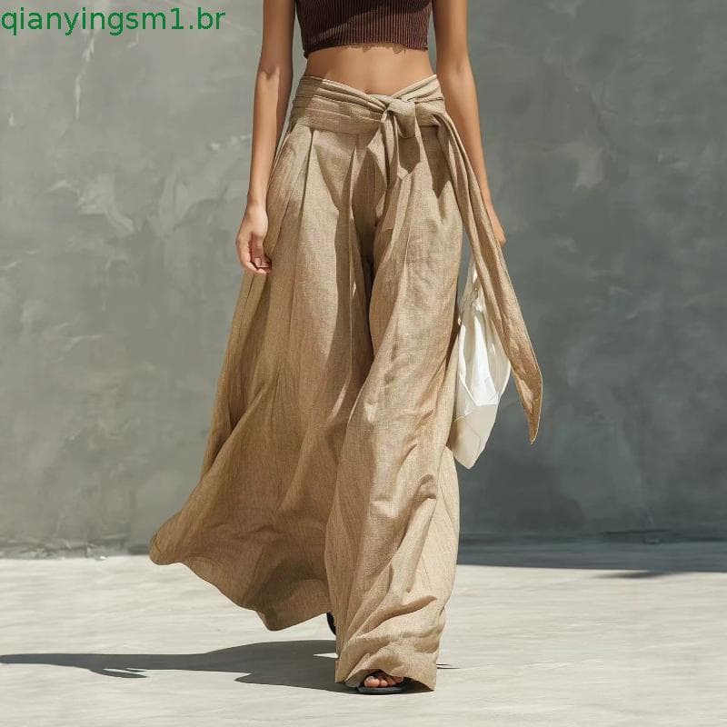 Pure Color Wide Leg Women Pants Casual Loose Fit Trousers with Lace-up Elastic Waist Comfortable Work Travel Daily Wear
