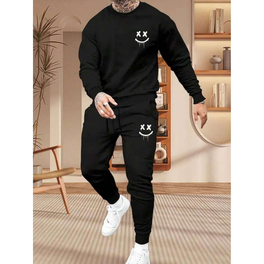 Conjunto Blusa de Frio Gola Careca + Calça de Moletom Preta Modelo: "Sorriso Escorrendo" - Lançamento/Promoção de Invern