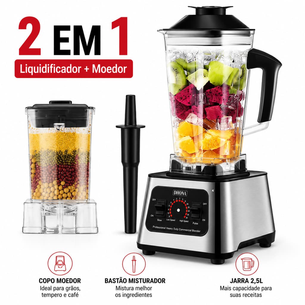 Liquidificador Profissional 1800W 2,5L/3L Bivolt Automático Copo Moedor Tritura Gelo Velocidade Variável Pulse