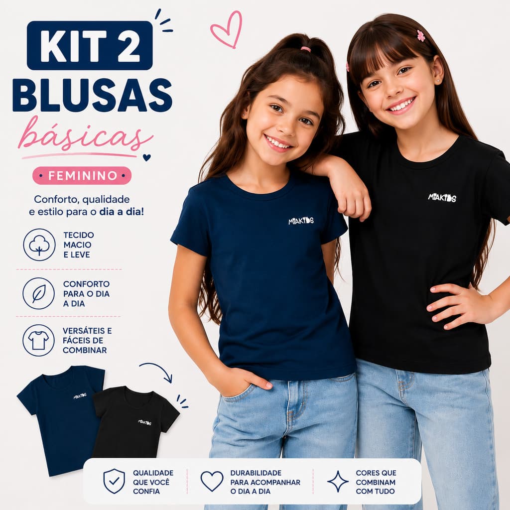 Kit 2 Blusas Infantis Manga Curta para Menina Básica Moda Infantil para o Dia a Dia Escola e Passeio Roupas Confortáveis