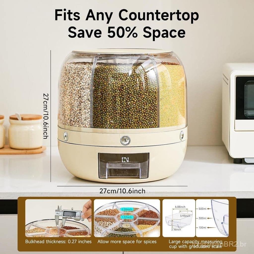 Dispensador de arroz | 360 ° Recipiente giratório para armazenamento de grãos - 6 compartimentos, recipiente de grande c