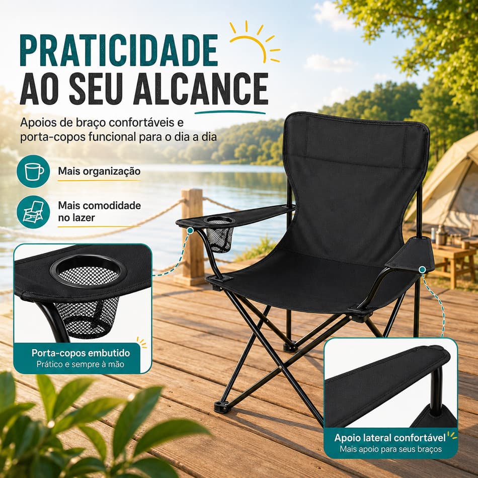 Cadeira Camping Dobrável Com Apoio De Braço E Porta-Copos Embutido, Piquenique, Varanda E Lazer Ao Ar Livre