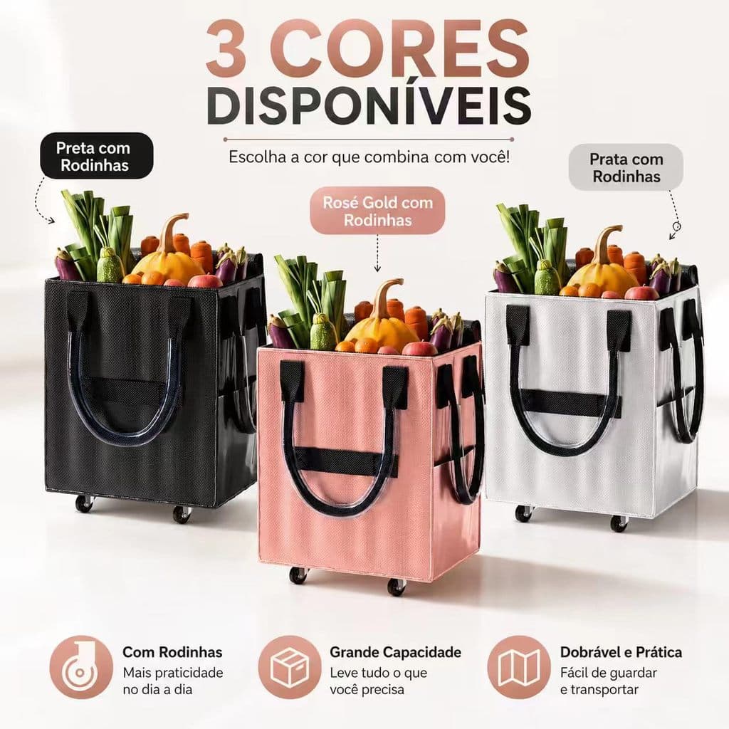 Bolsa Compras Rodinhas Dobrável 55L Organizador Supermercado