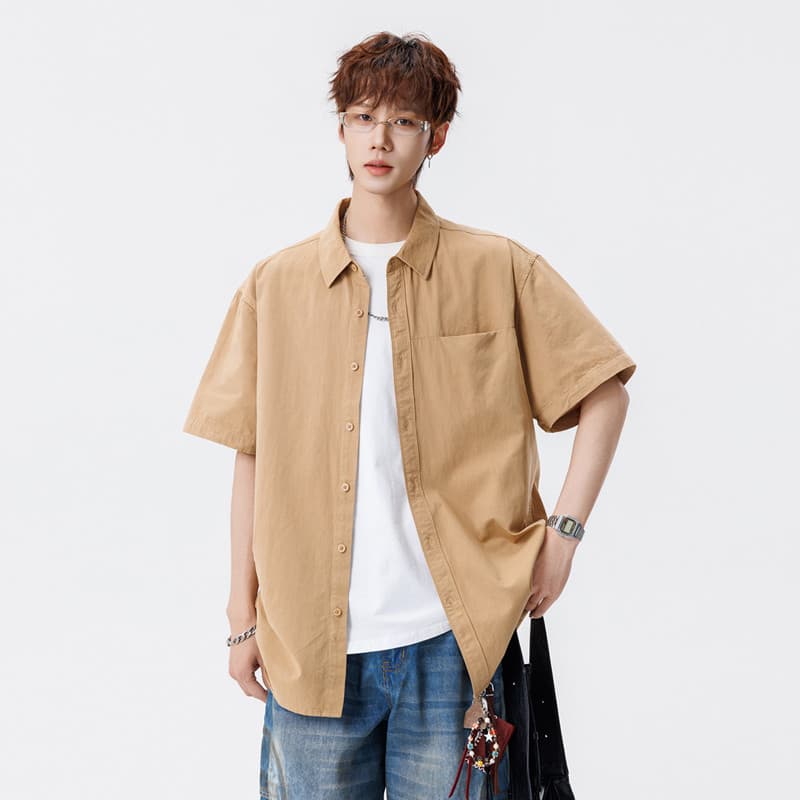 2026 Camisa de manga curta lavada de algodão puro jovens verão novo estilo High-End moda camisa de meia manga solta Casu