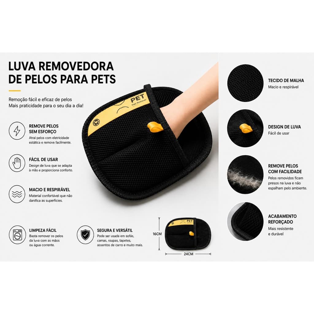 Luva Removedora de Pelos – Reutilizável, Antiestática, para Sofás, Roupas e Estofados