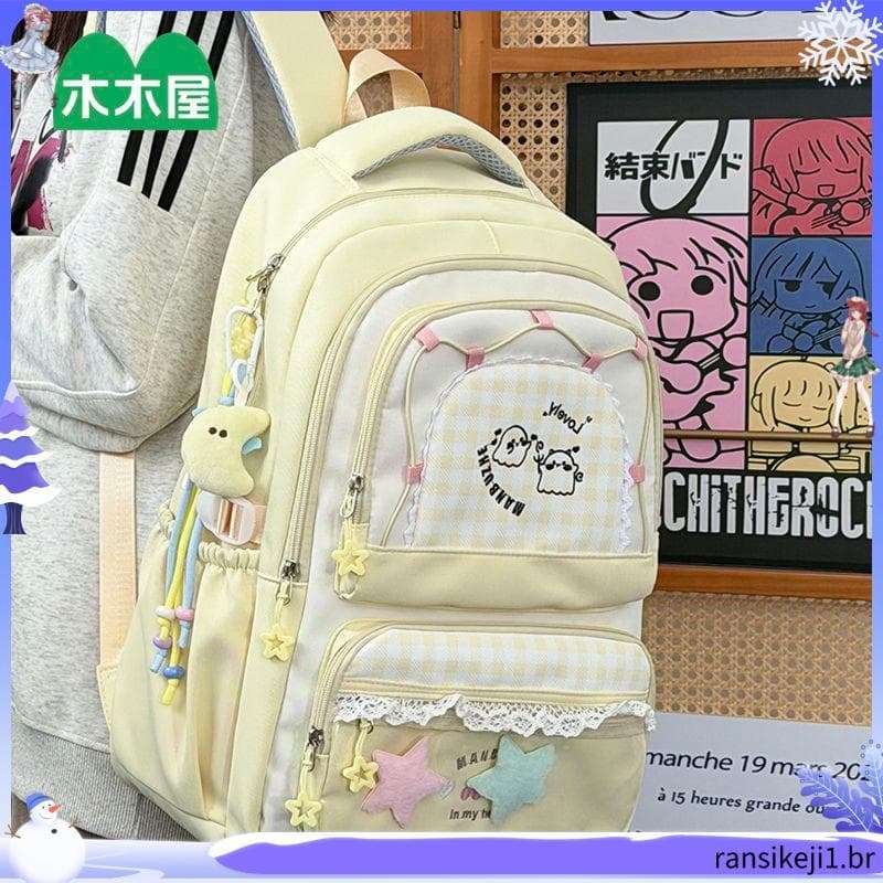 Casa de madeira pequena mochila xadrez fresca feminina estudantes do ensino médio estudantes do ensino médio grande capa