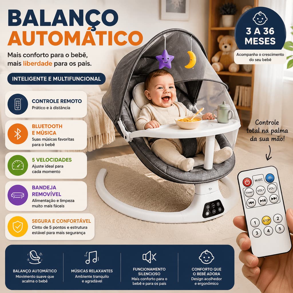 Cadeira de Descanso e Balanço para Bebê Vibratória Musical com Móbile, Brinquedos Interativos e Capota Mosquiteiro