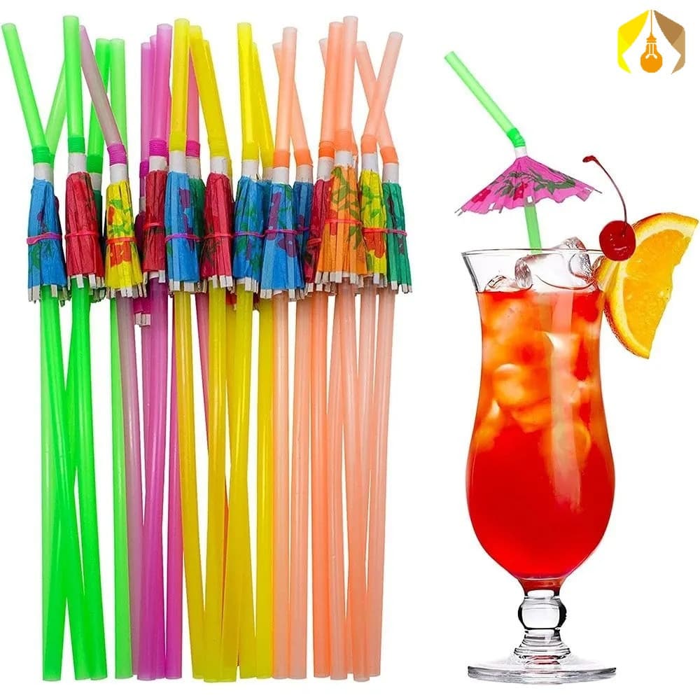50 canudos descartáveis em formato de guarda-chuva, cheios de criatividade, adequados para decorações de festas de verão