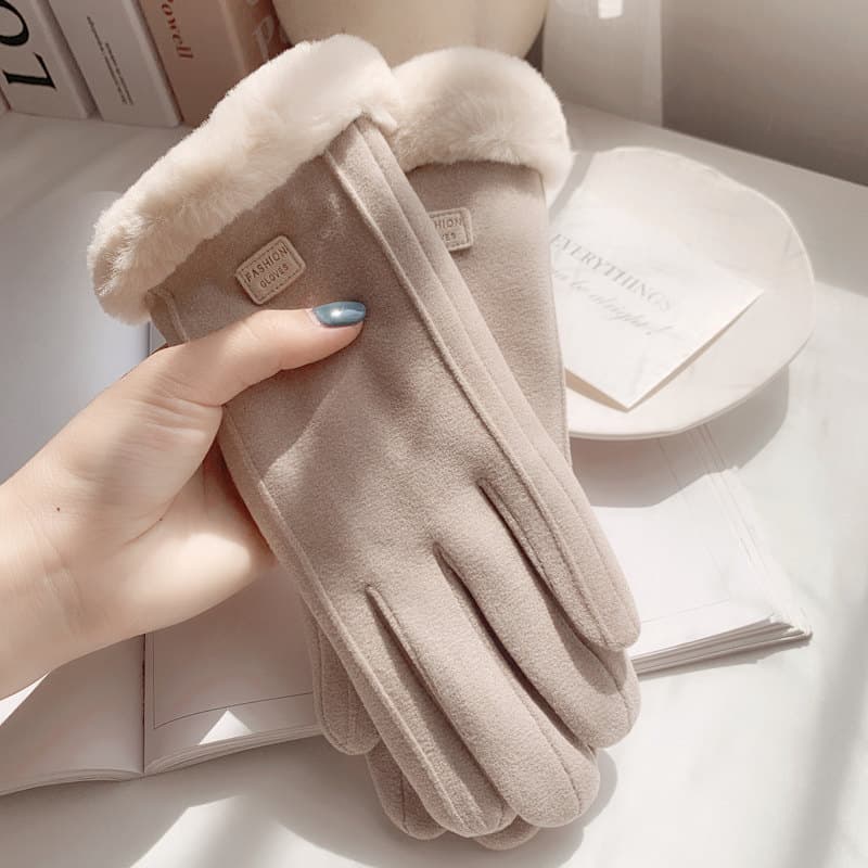 Luvas de inverno forro de lã feminino engrossado quente bonito camurça senhoras equitação à prova de frio ciclismo à pro