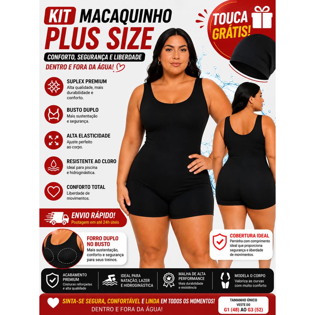 Kit Maiô Macaquinho Plus Size Feminino Natação Hidroginástica + Touca Grátis | Forrado | Suplex Premium