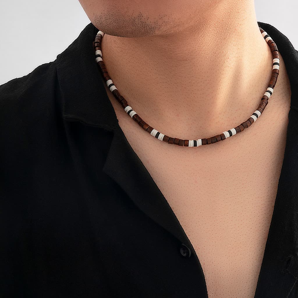 Colar curto elegante para homens, com pequenas contas de madeira, um acessório de pescoço moderno, marca WJMW.   MU5V