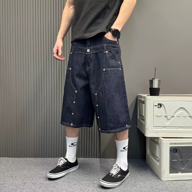 Americano retro dupla cintura Studs retro Original vaca baggy solto em linha reta perna larga primavera outono Jeans cas