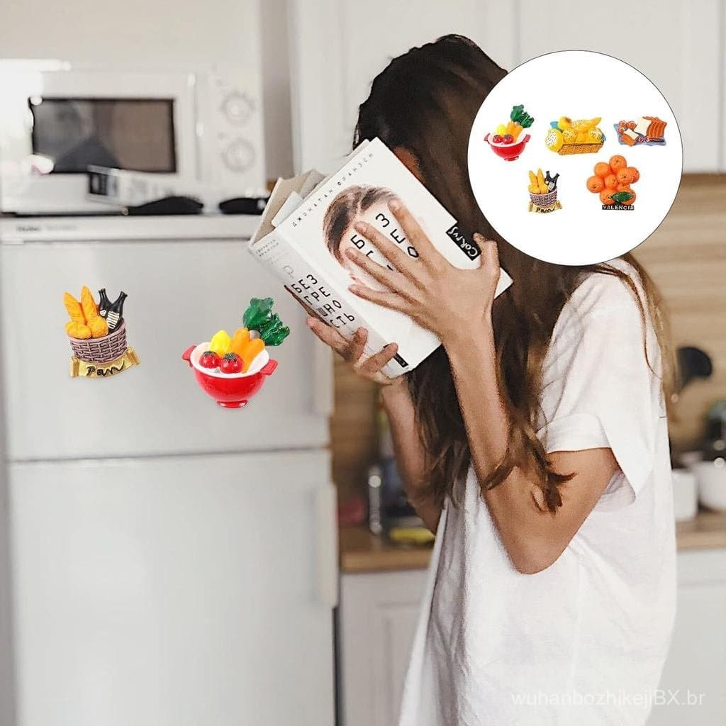 Conjunto de 5 ímãs de geladeira com simulação de alimentos 3D, adesivos criativos de resina em formato de vegetais e pãe