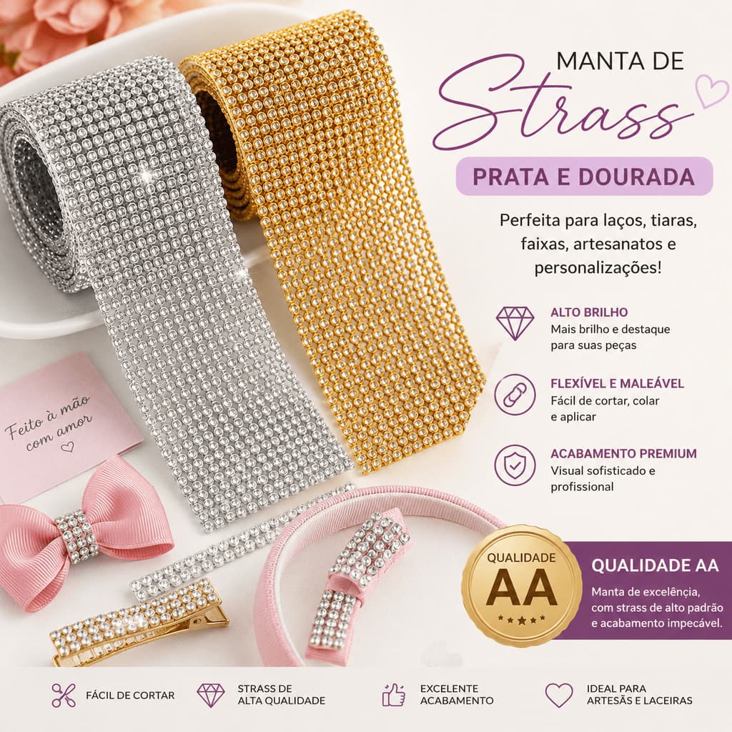 Manta de Strass Termocolante AA Alto Brilho Para Artesanato Laços Tiaras Chinelos e Customização