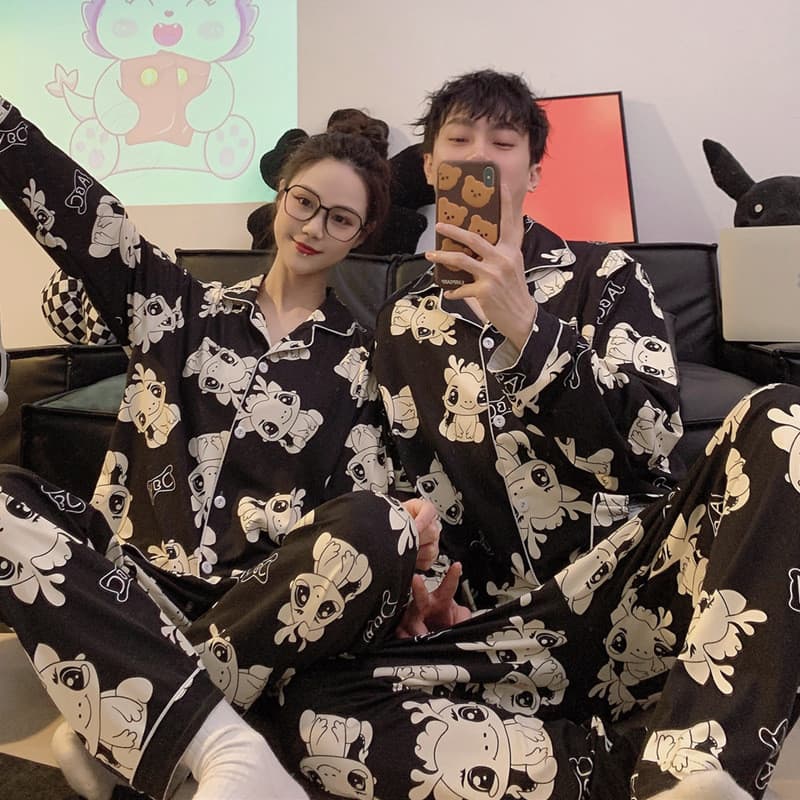 Preto bonito dragão casal pijamas primavera outono estilo 2024 novo estilo puro algodão manga longa bonito Plus Size das