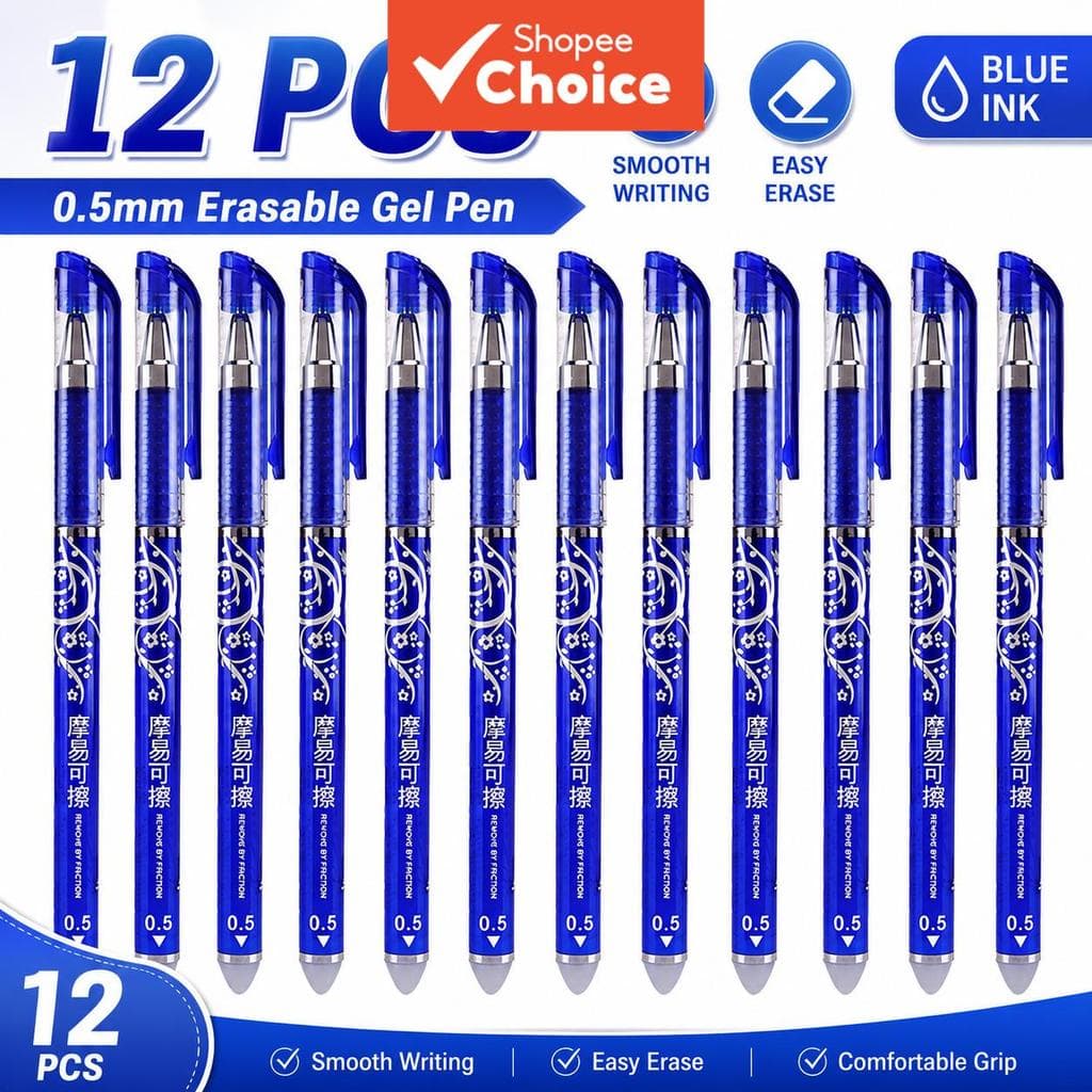 Canetas De Gel Apagáveis 0.5 Mm Tinta Azul 12 Unidades Retrátil Suave Escrita Escola Escritório Papelaria