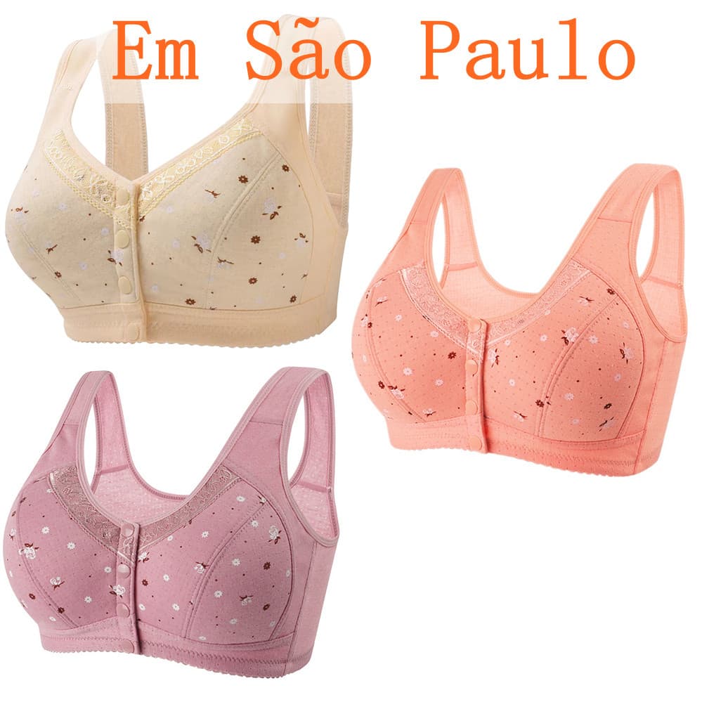 Senhoras sutiã roupa interior tamanho grande roupa interior puro algodão sem fio fivela frontal renda guarnição impressã