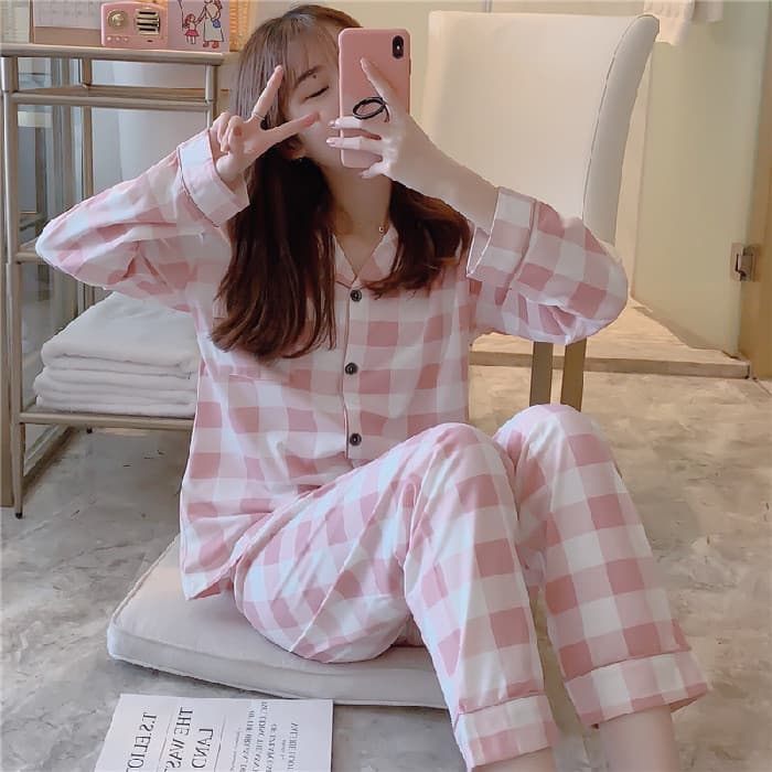 Novo Design de Pijamas Casuais Femininos em Xadrez, Conjunto de 2 Peças com Manga Longa para Uso Doméstico