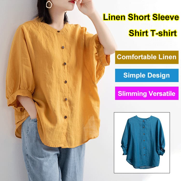 【Ideal para o Verão】Camisa de algodão e linho com manga curta/Manga Lanterna/Blusa Feminina Estilo Coreano