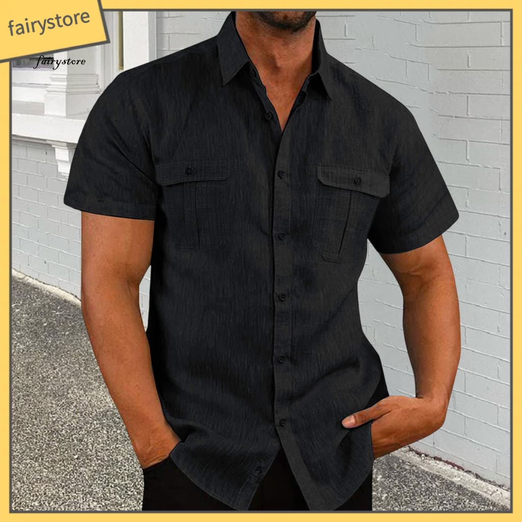 Men Top Cotton Linen Shirt Men's Casual Short Sleeve Solid Color Loose Fit Button-down Turn-down Collar with Chest Pocke