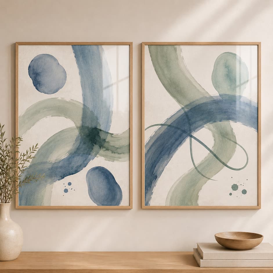 Kit DUO De Quadros Decorativos Sala Hall Aquarela Verde Sálvia Azul Escandinavo Abstrato Minimalista