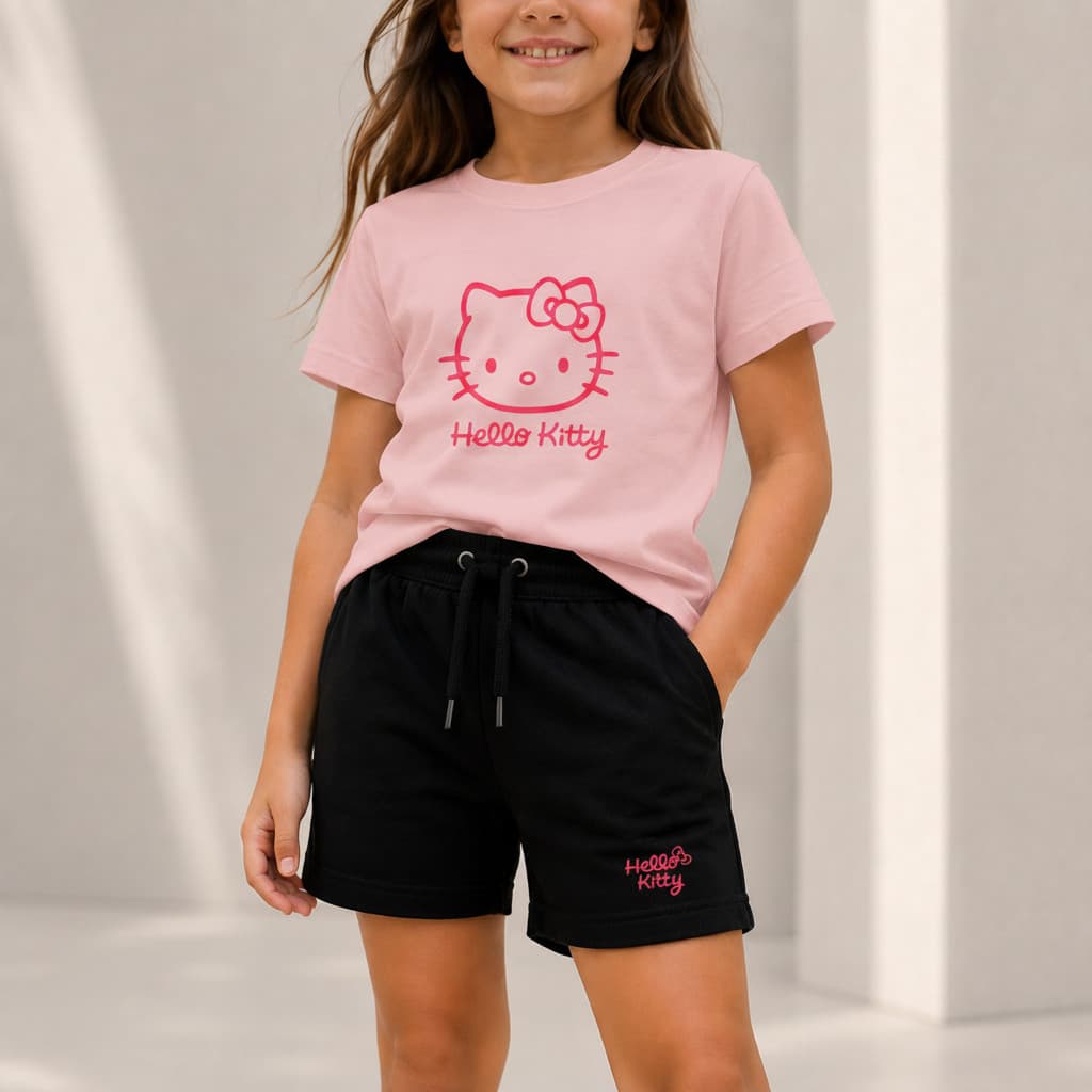 Kit Camiseta Infantil Hello Kitty Contorno Sanrio Menina e Bermuda Moletinho