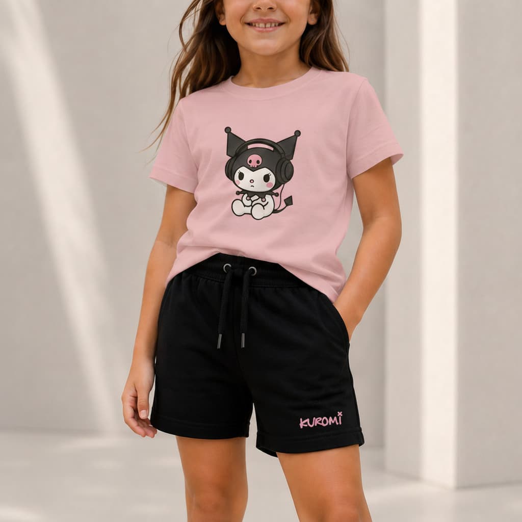 Kit Camiseta Infantil Kuromi Fone de Ouvido Sanrio Menina e Bermuda Moletinho