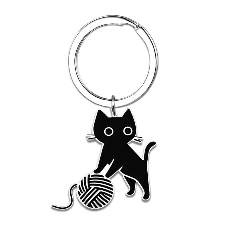 Bonito dos desenhos animados bola de pele preta gatinho chaveiro divertido criativo aço inoxidável óleo gotejamento ping