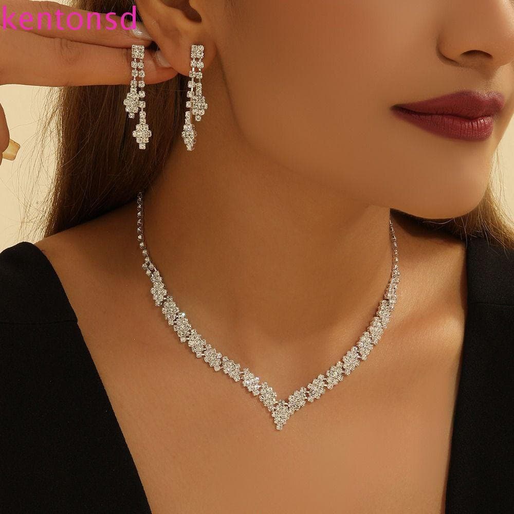 Conjunto de Colar e Brincos de Zircônia Kington SD, Conjunto de Joias Geométricas de Strass para Noiva de Casamento, Min