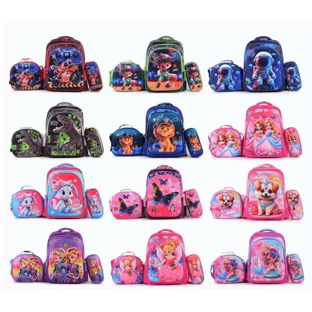Kit Escolar Infantil Bolsa Lancheira Estojo Estampas 3D Menina e Menino com luzes QingTian