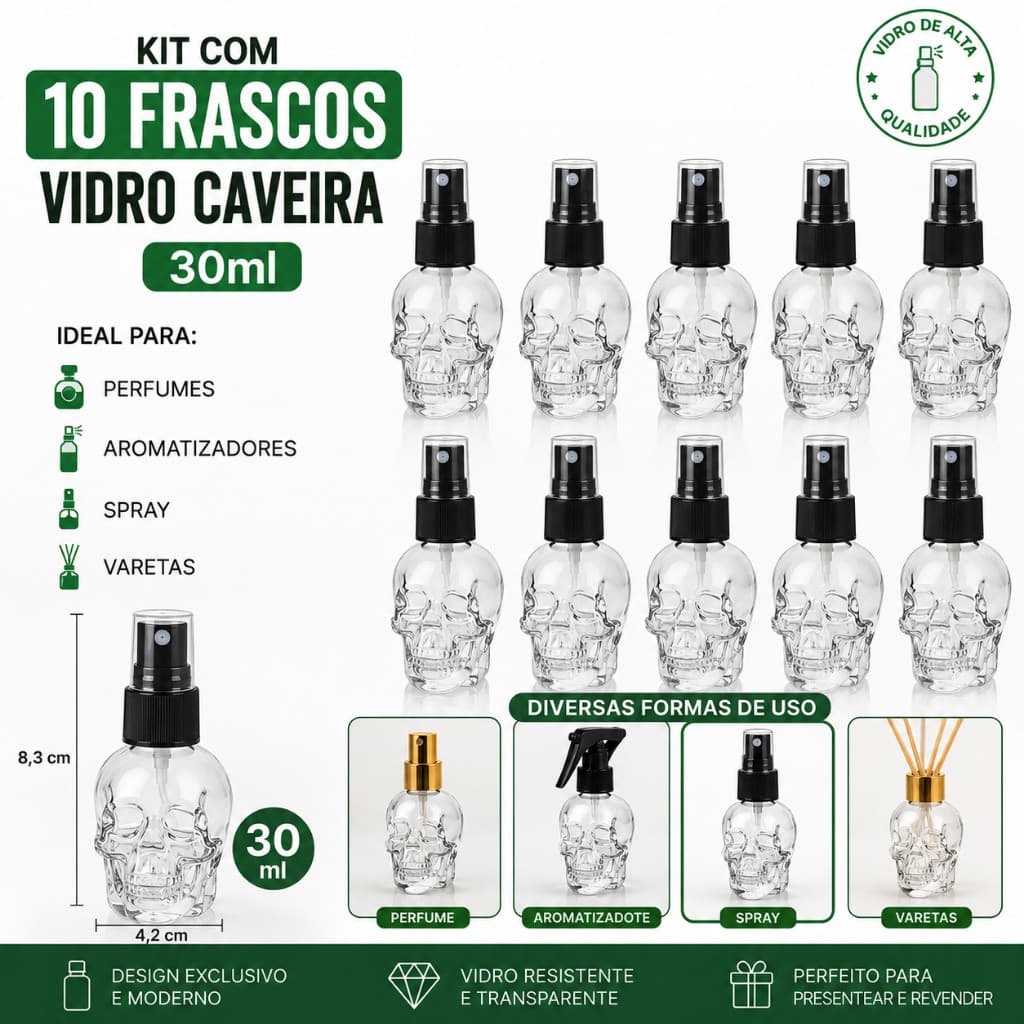 Kit com 10 frascos de 30ml vidro caveira para perfumes, aromatizadores, spray e varetas