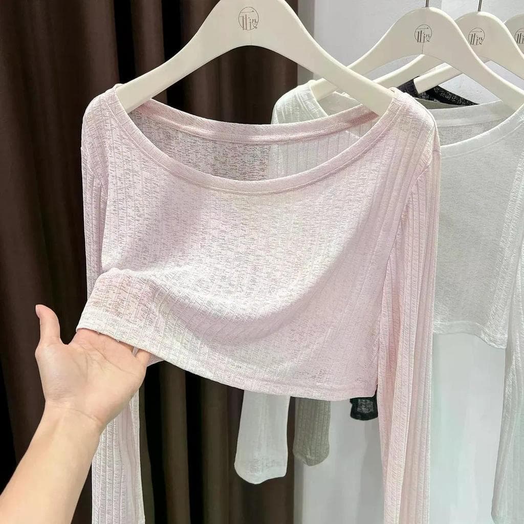 Novo estilo rosa solto blusa de dança estilo fino protetor solar curto camiseta grande gola baixa estilingue exterior um