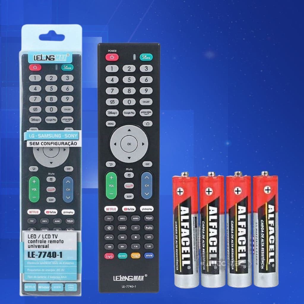 Controle Remoto Universal LE-7740-1 para Smart TV – Fácil Configuração + 4 Pilhas Grátis