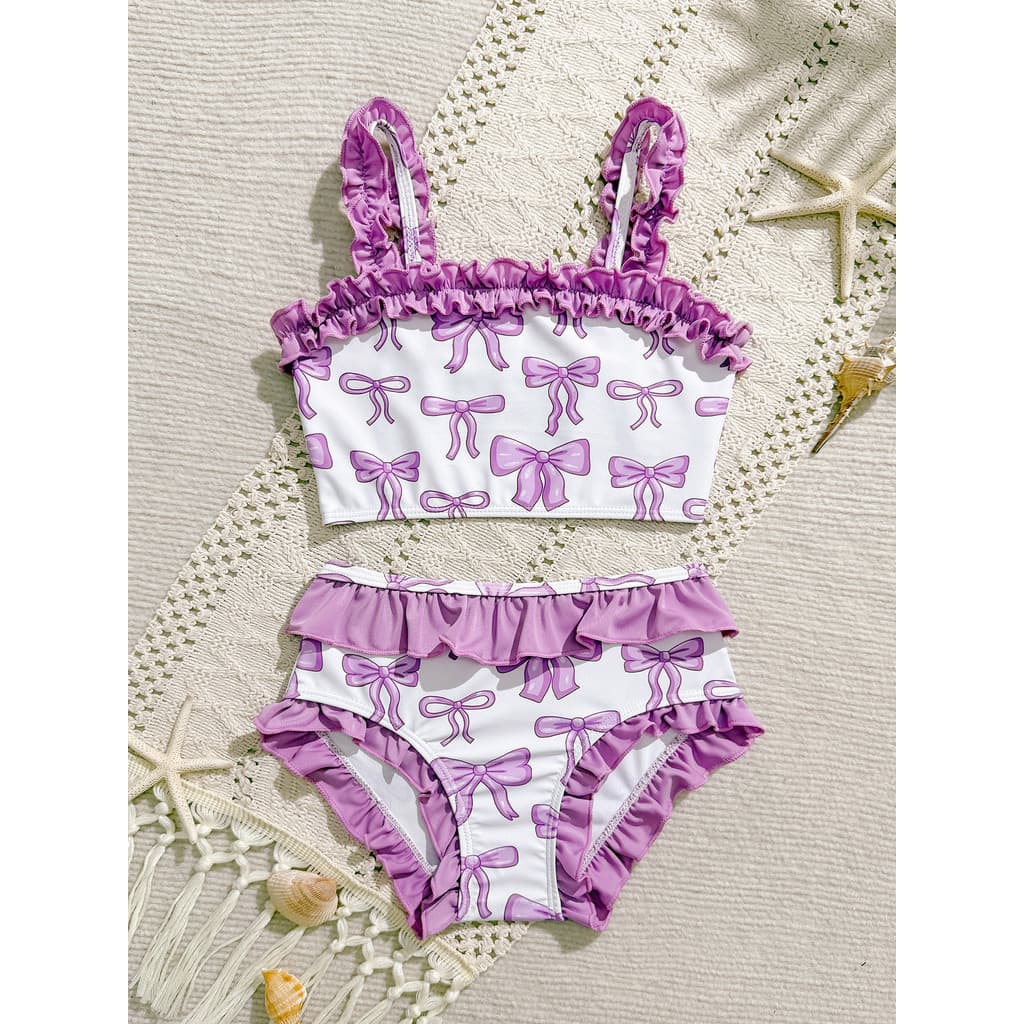 Meninas Arco Bandeau Biquíni Roxo Duas Peças Maiô Crianças Babados Roupa De Banho Das 4-7 Anos Adolescentes Beach Wear
