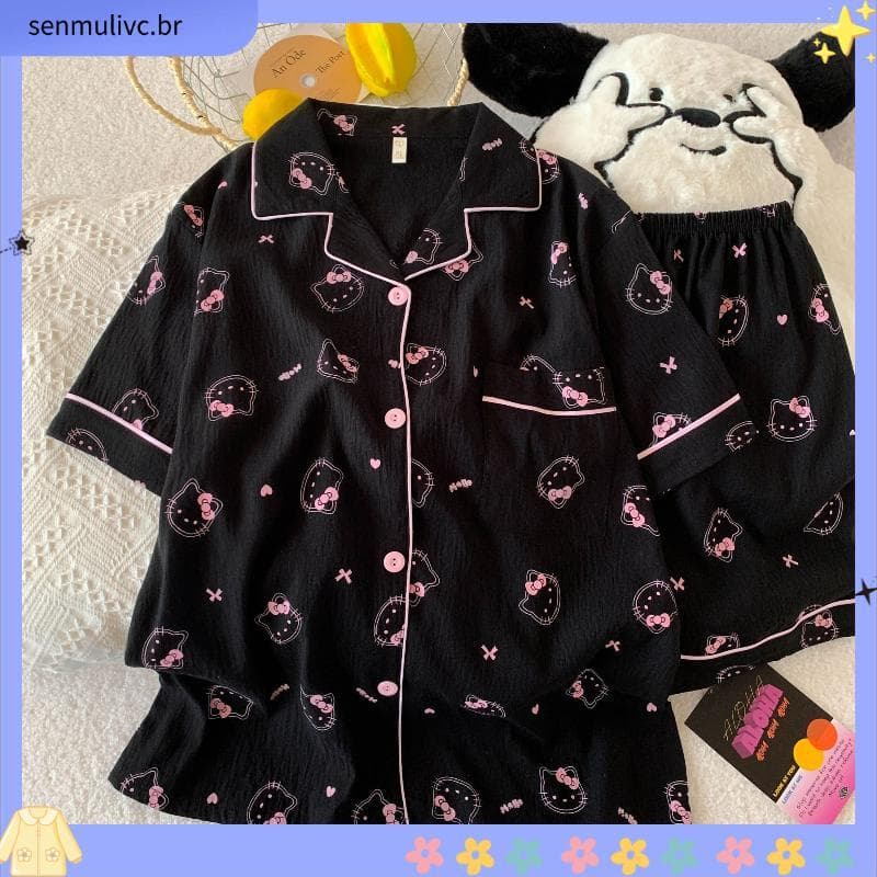 Dachshund filhote de cachorro nuvem algodão verão lapela Shorts de manga curta pijamas feminino dos desenhos animados do