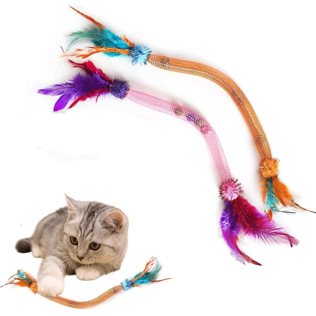 Brinquedos para Gatos de Interior – Pacote com 2 Brinquedos de Pena com Pom-Pom e Sinos, Brinquedos para Gatos de 19,5 P