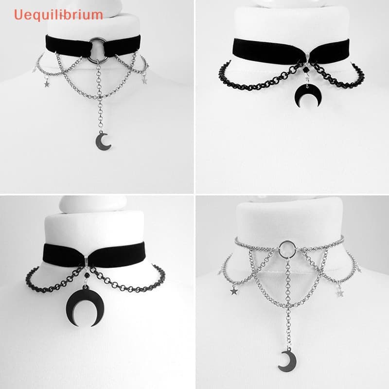 Colar gótico feminino Uequilibrium, feito de veludo preto, com motivos de lua, cruz, morcego e aranha, um acessório de m