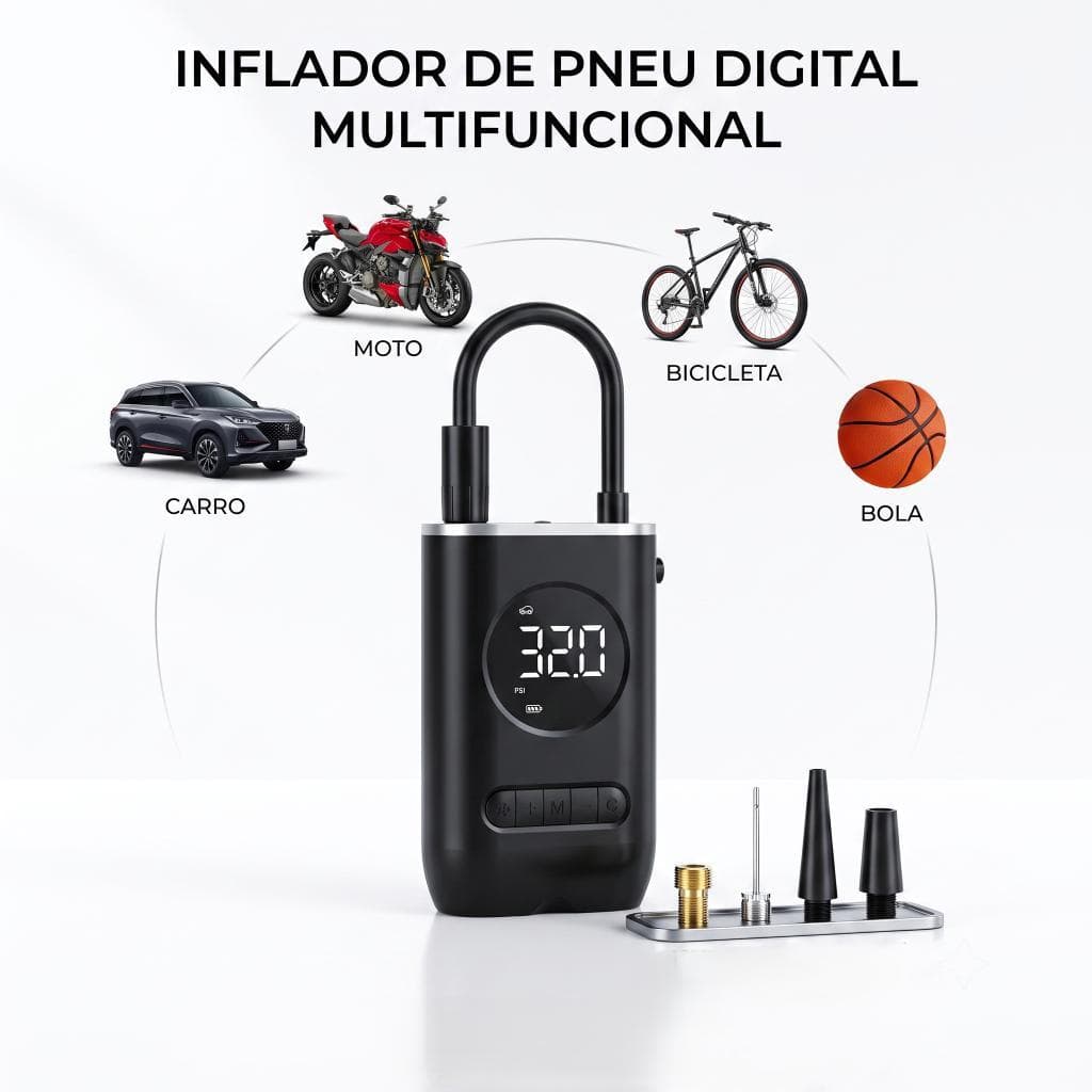 Bomba De Encher Pneu Digital Elétrica Mini Compressor De Ar Portátil Sem Fio Recarregável USB Moto Carro Bike