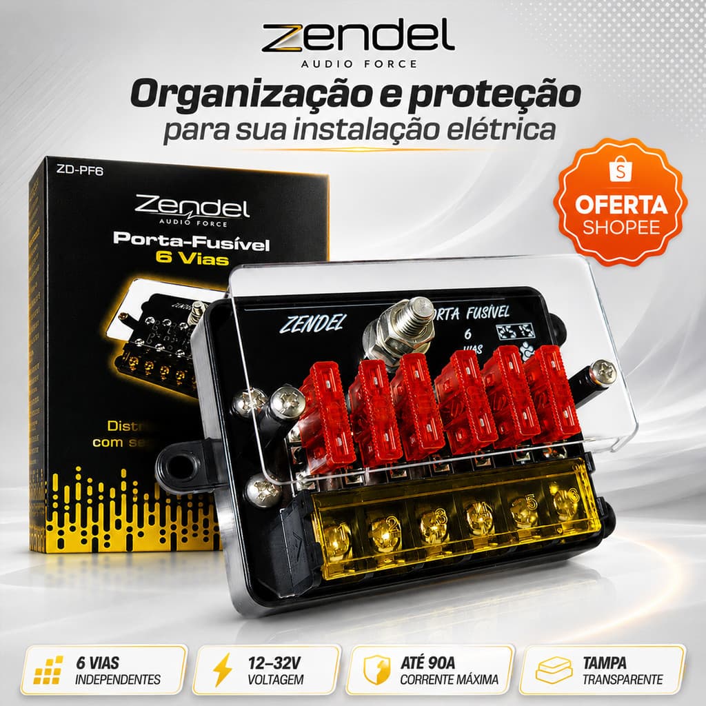 Porta-Fusível 6 Vias Zendel ZD-PF6 12V 24V 32V 90A Automotivo Náutico Motorhome Off-Grid Industrial